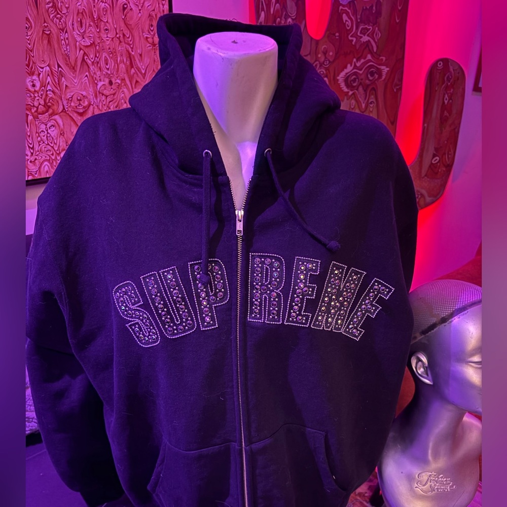 Supreme Black Zip-Up Hoodie with Rhinestone Detail